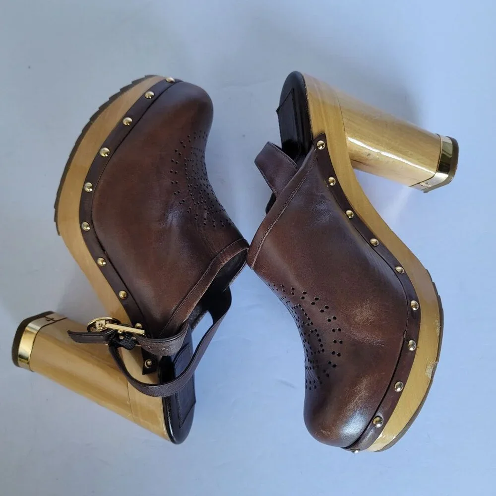 Tory Burch Brayden Perforated Leather Logo Slingback Wood Clogs. Size 7.5M